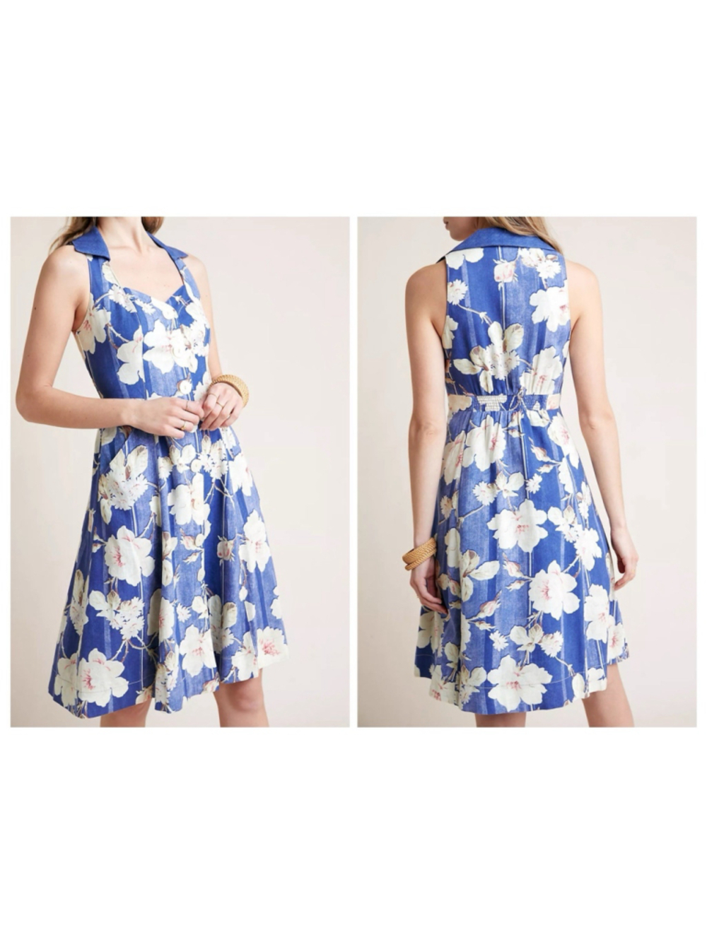 Anthropologie Camellia Collared Dress Blue Sz 8 Linen Blend Cottagecore Floral